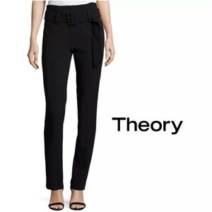 Theory Black Cigarette Camogie High Rise Belted Pants Size 6 Chic Elegant
